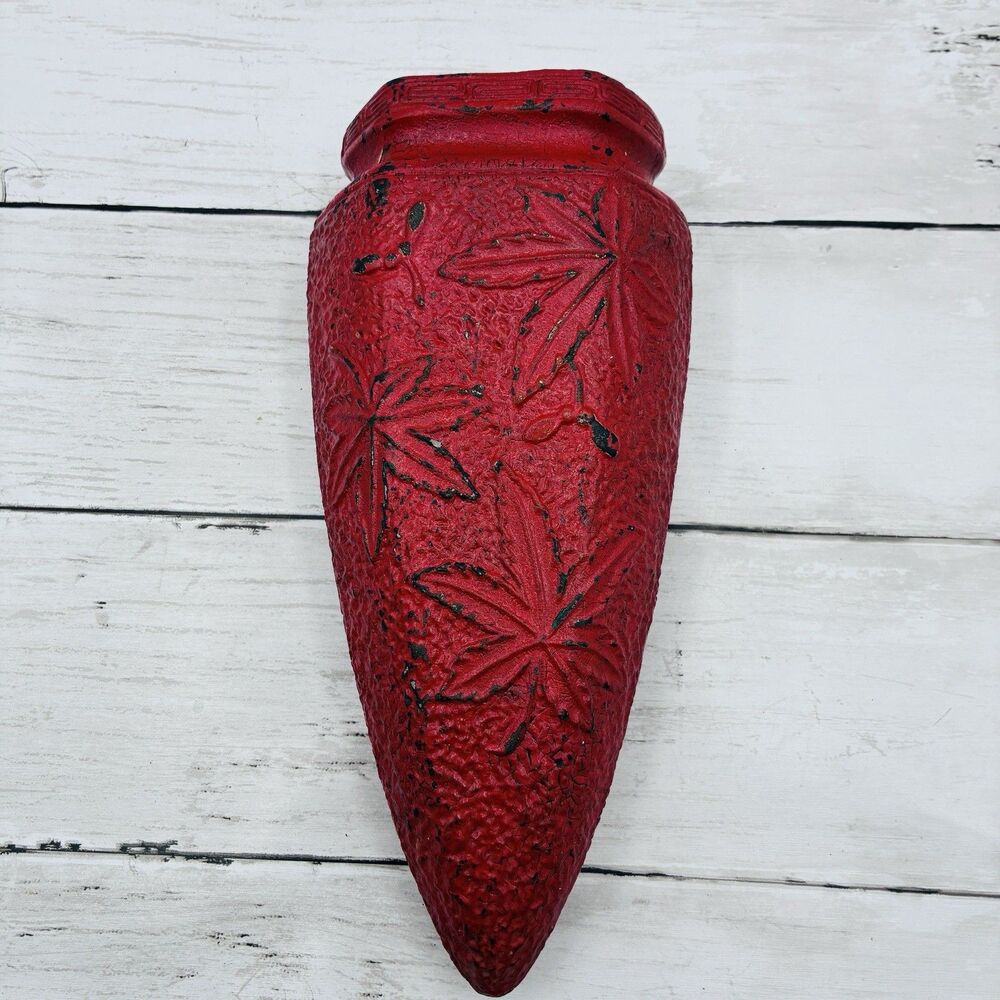 Vintage Cast Iron Wall Pocket Vase Red Maple Leaf Japanese Key Design Hanging